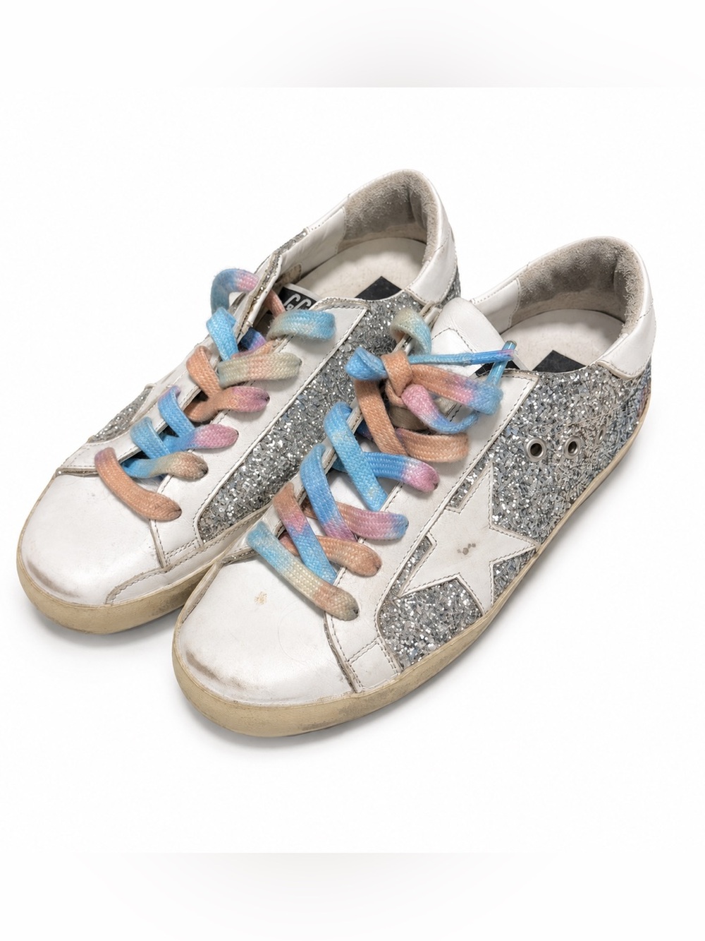 Golden Goose White Sneakers with Silver Glitter and Multicolor Pastel Laces